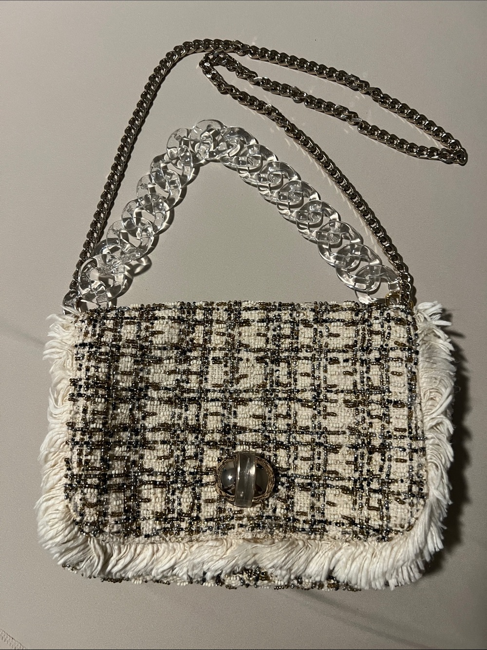 Zara Cream and Black Tweed Shoulder Bag with Mixed Chain Strap